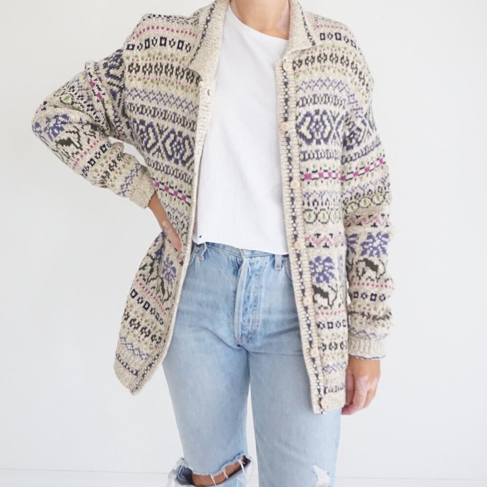 Northern Reflections Cream Wool Fair Isle Nordic Geometric Button Cardigan M